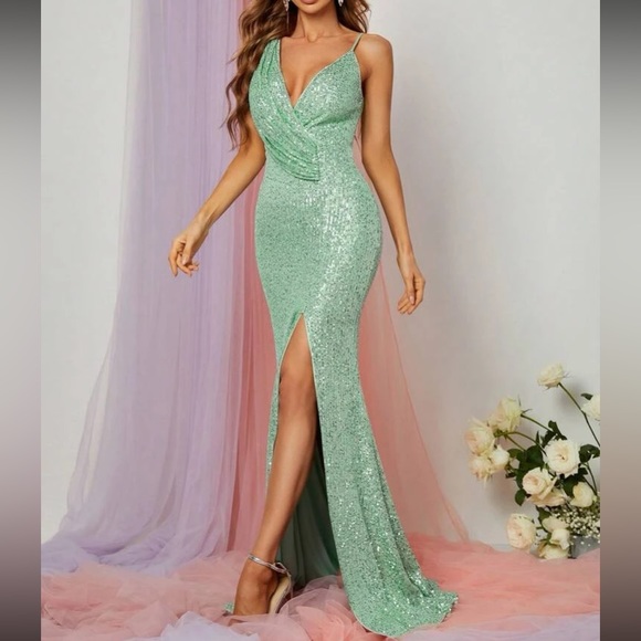 Luxe party bridesmaids prom slit thigh sequins gown  dress - Picture 5 of 16